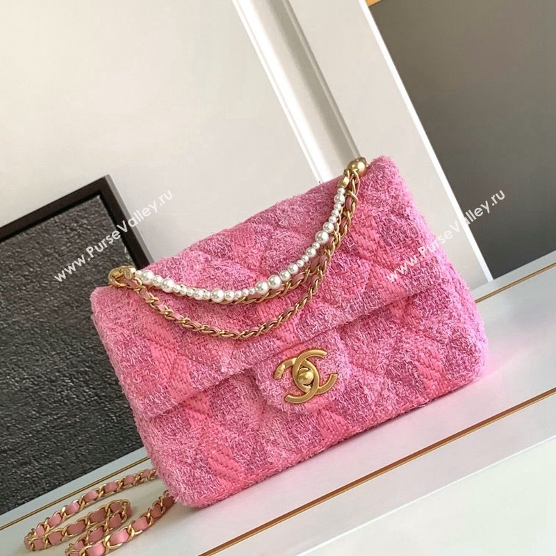 Chanel Tweed Small Flap Bag with Chain and Pearls AS4384 Pink 2024 (yezi-240411046)