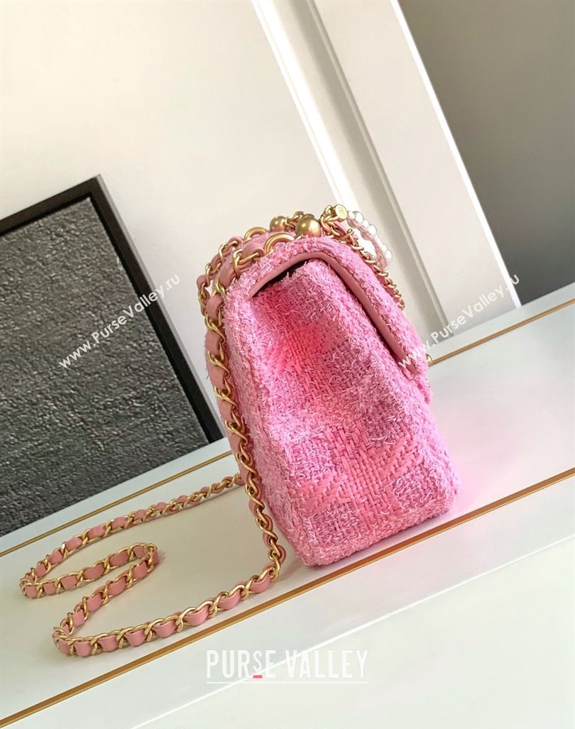 Chanel Tweed Small Flap Bag with Chain and Pearls AS4384 Pink 2024 (yezi-240411046)