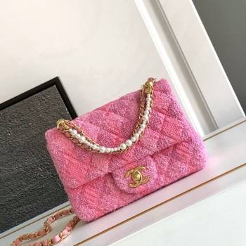 Chanel Tweed Mini Flap Bag with Chain and Pearls AS4385 Pink 2024 (yezi-240411044)