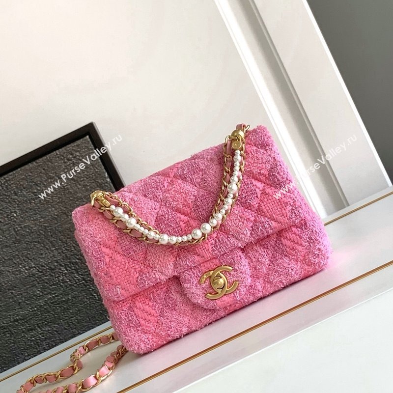 Chanel Tweed Mini Flap Bag with Chain and Pearls AS4385 Pink 2024 (yezi-240411044)