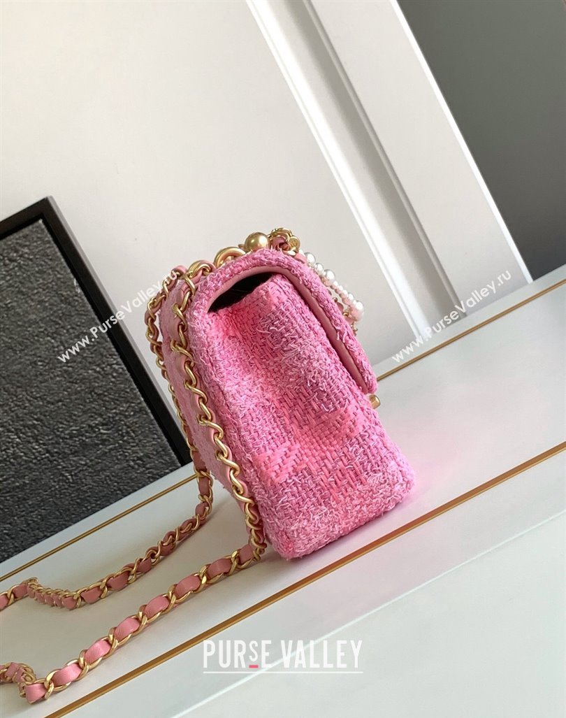 Chanel Tweed Mini Flap Bag with Chain and Pearls AS4385 Pink 2024 (yezi-240411044)
