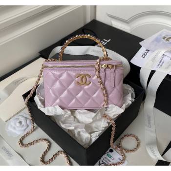 Chanel Shiny Crumpled Lambskin Clutch with Chain and Pearls Top Handle AP3804 Light Purple 2024 (yezi-240411005)