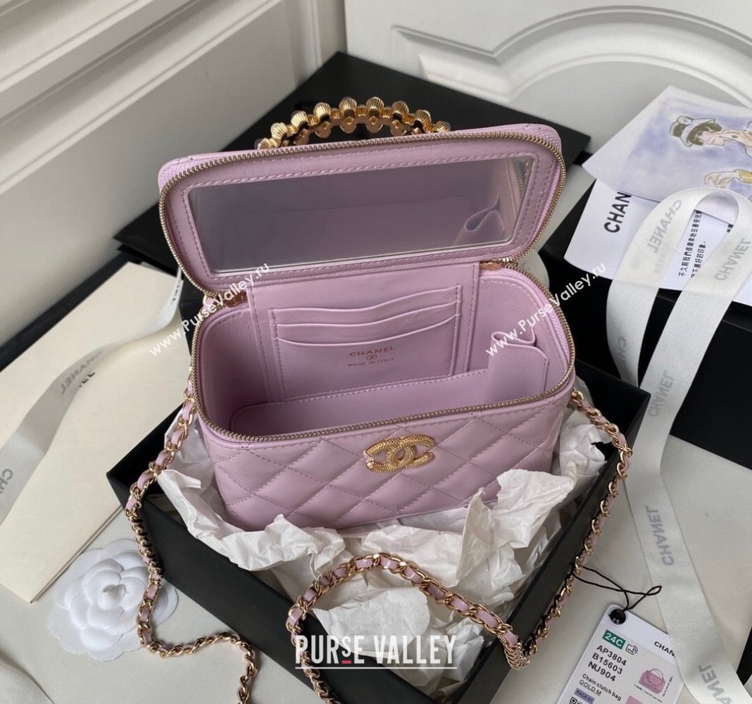 Chanel Shiny Crumpled Lambskin Clutch with Chain and Pearls Top Handle AP3804 Light Purple 2024 (yezi-240411005)