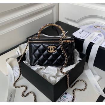 Chanel Shiny Crumpled Lambskin Clutch with Chain and Pearls Top Handle AP3804 Black 2024 (yezi-240411001)