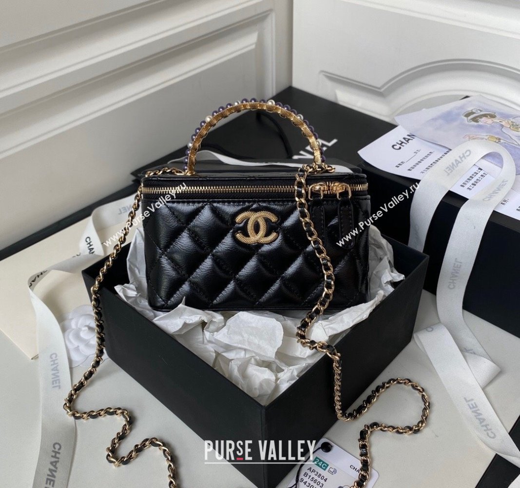 Chanel Shiny Crumpled Lambskin Clutch with Chain and Pearls Top Handle AP3804 Black 2024 (yezi-240411001)