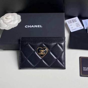 Chanel Heart Shiny Crumpled Lambskin Card Case Wallet AP3292 Black 2024 (yezi-240411016)