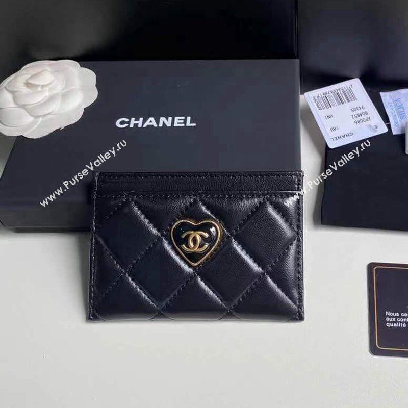 Chanel Heart Shiny Crumpled Lambskin Card Case Wallet AP3292 Black 2024 (yezi-240411016)