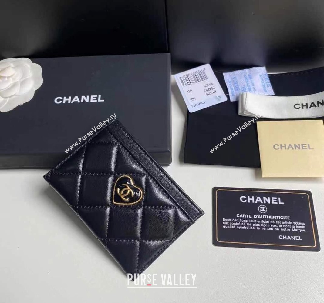 Chanel Heart Shiny Crumpled Lambskin Card Case Wallet AP3292 Black 2024 (yezi-240411016)