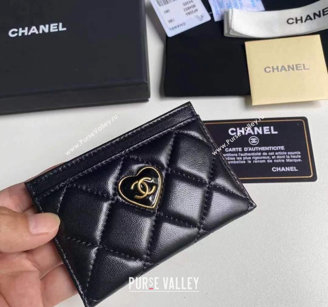 Chanel Heart Shiny Crumpled Lambskin Card Case Wallet AP3292 Black 2024 (yezi-240411016)