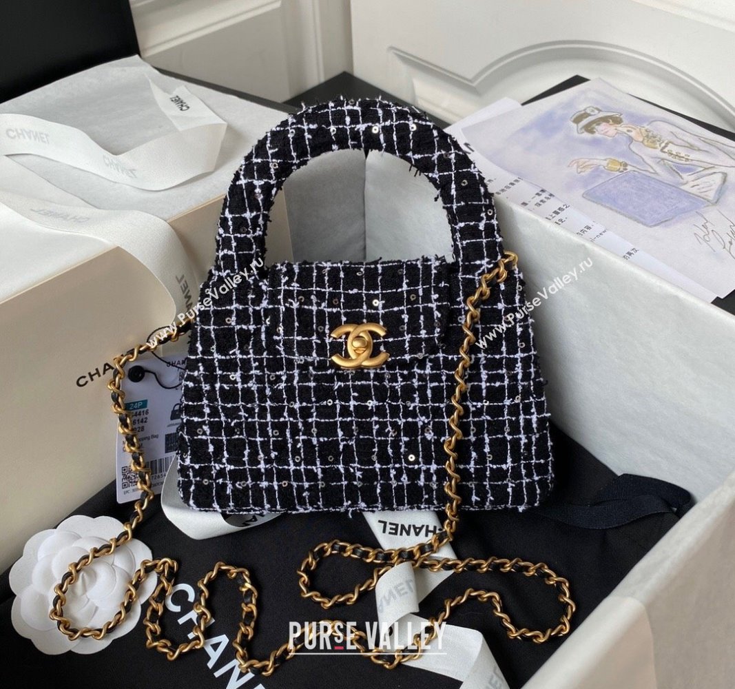 Chanel Sequin Embroidered Tweed Mini Shopping Bag AS4416 Black/White 2024 (yezi-240411019)