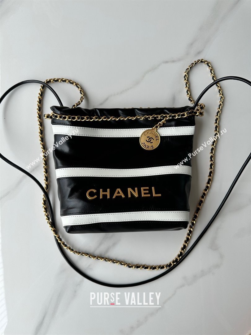 Chanel Shiny Calfskin 22 Mini Shopping Bag AS3980 with Stripes Black 2024 (yezi-240412011)
