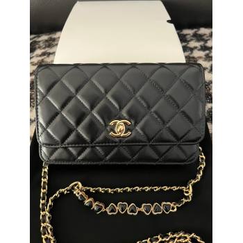 Chanel Shiny Crumpled Lambskin Wallet On Heart Chain WOC AP3785 Black 2024 (yezi-240411012)