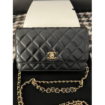 Chanel Shiny Crumpled Lambskin Wallet On Heart Chain WOC AP3785 Black 2024 (yezi-240411012)