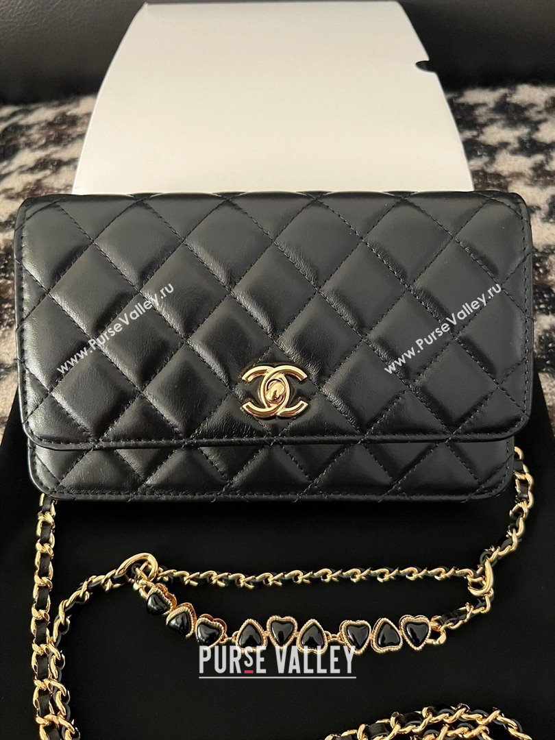 Chanel Shiny Crumpled Lambskin Wallet On Heart Chain WOC AP3785 Black 2024 (yezi-240411012)