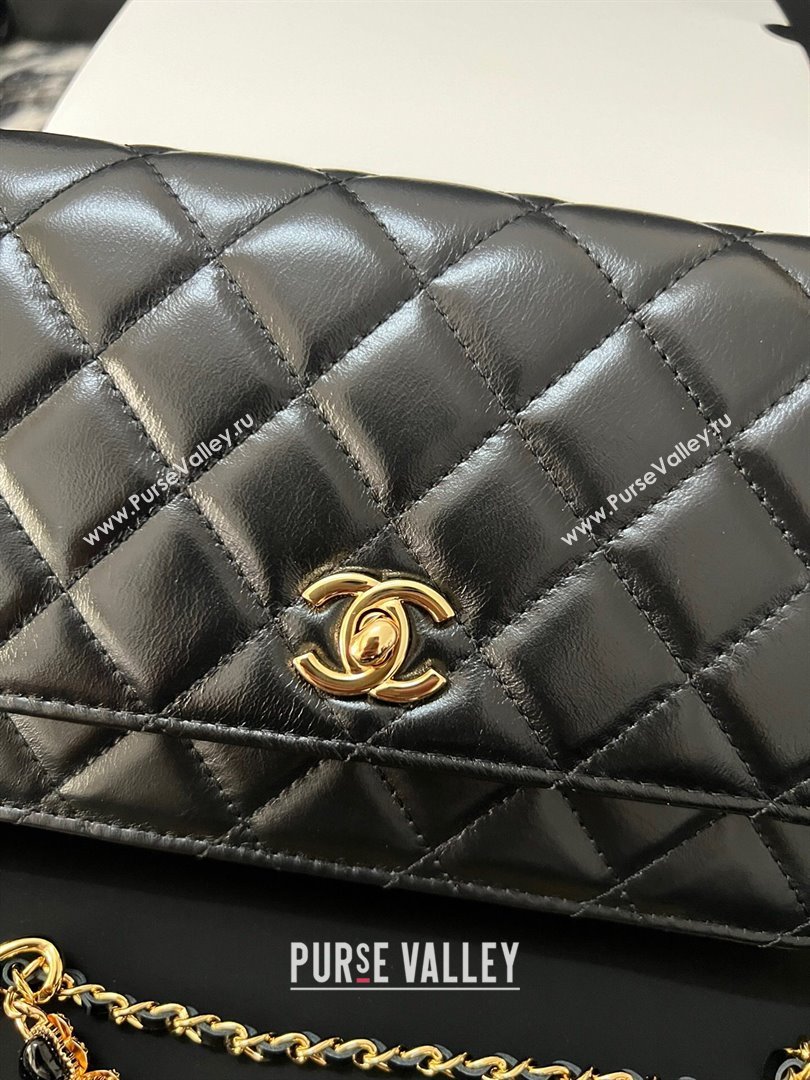 Chanel Shiny Crumpled Lambskin Wallet On Heart Chain WOC AP3785 Black 2024 (yezi-240411012)