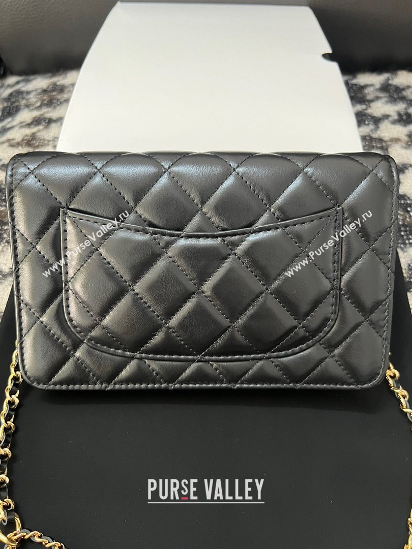 Chanel Shiny Crumpled Lambskin Wallet On Heart Chain WOC AP3785 Black 2024 (yezi-240411012)