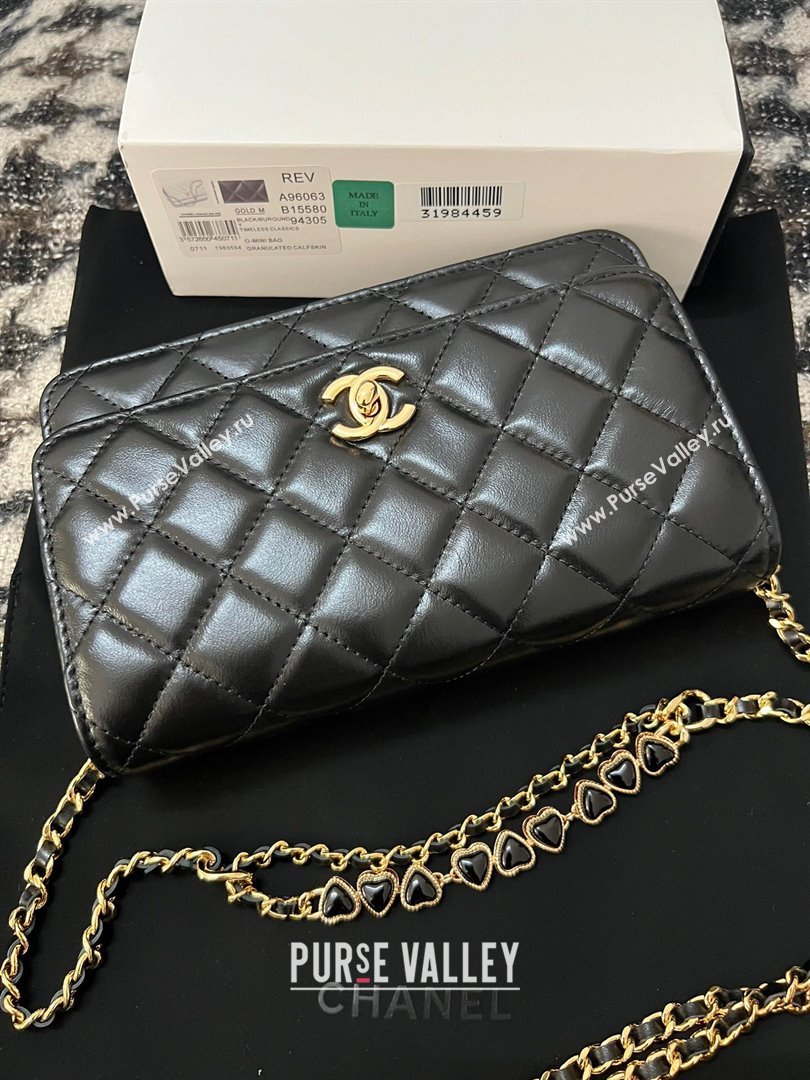 Chanel Shiny Crumpled Lambskin Wallet On Heart Chain WOC AP3785 Black 2024 (yezi-240411012)