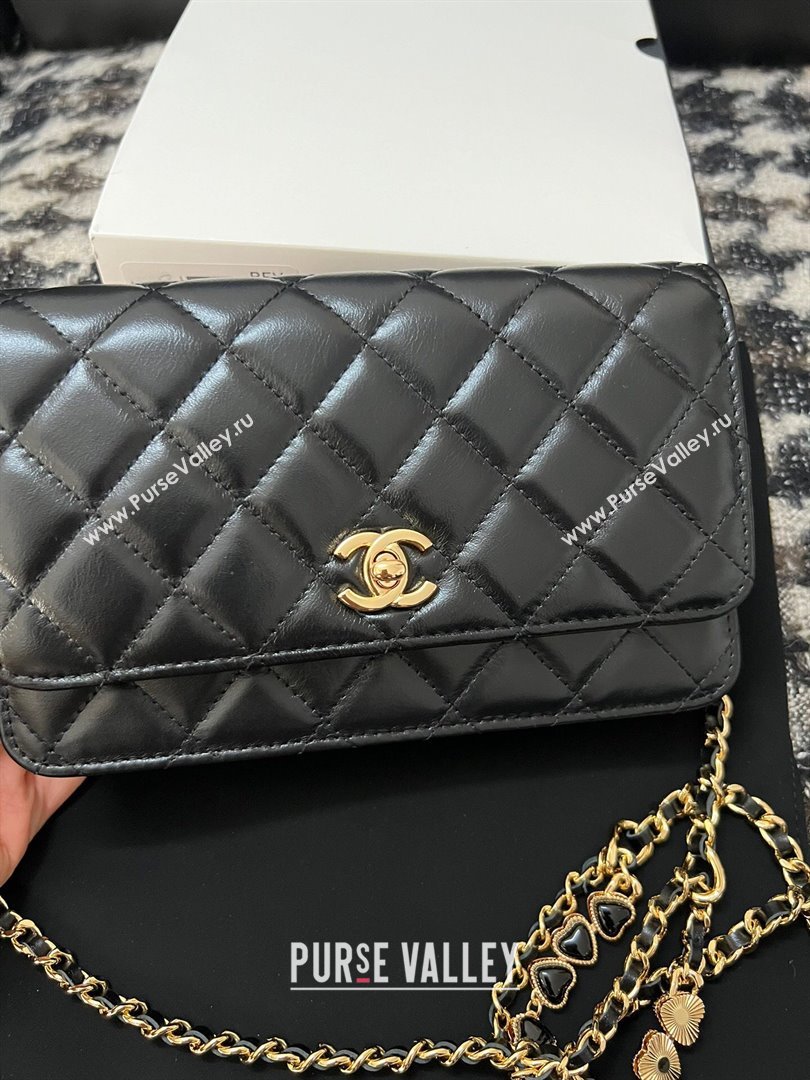Chanel Shiny Crumpled Lambskin Wallet On Heart Chain WOC AP3785 Black 2024 (yezi-240411012)