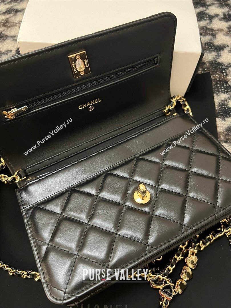 Chanel Shiny Crumpled Lambskin Wallet On Heart Chain WOC AP3785 Black 2024 (yezi-240411012)