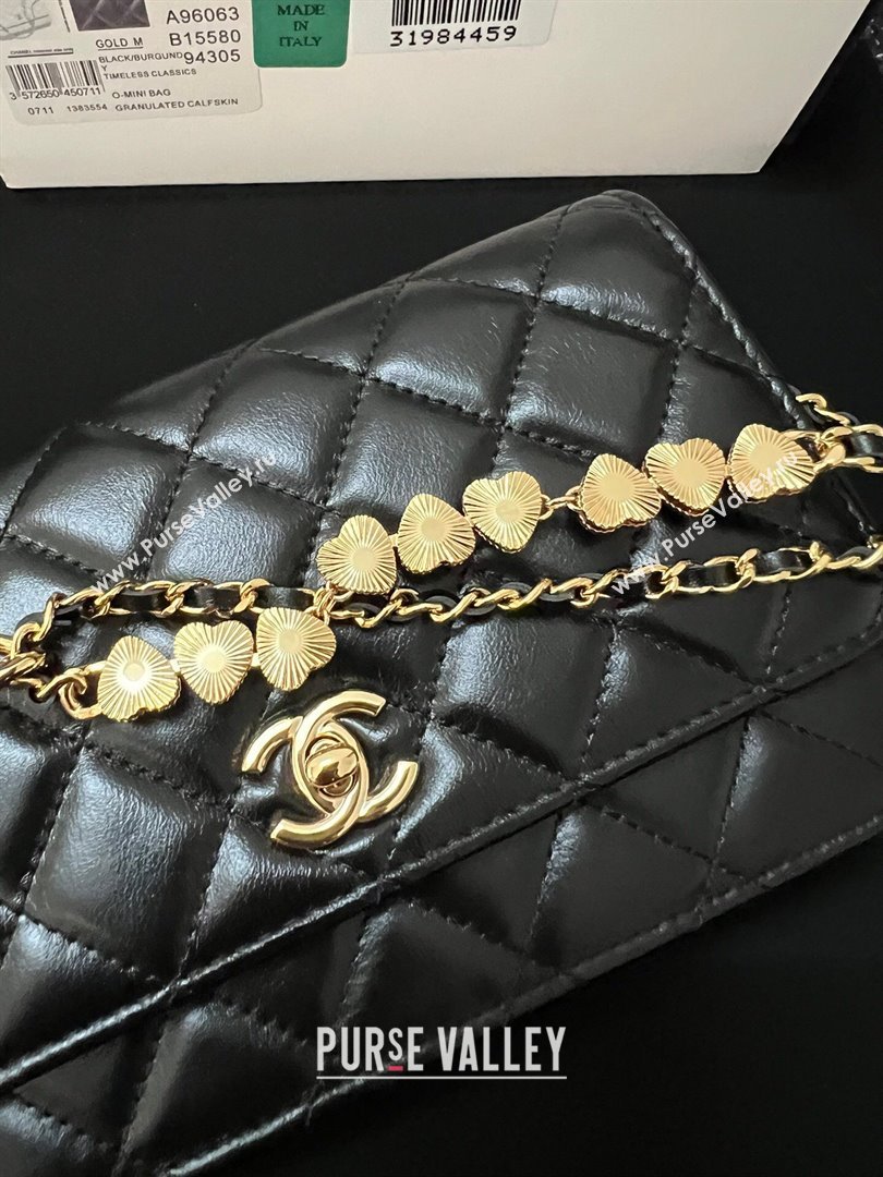 Chanel Shiny Crumpled Lambskin Wallet On Heart Chain WOC AP3785 Black 2024 (yezi-240411012)