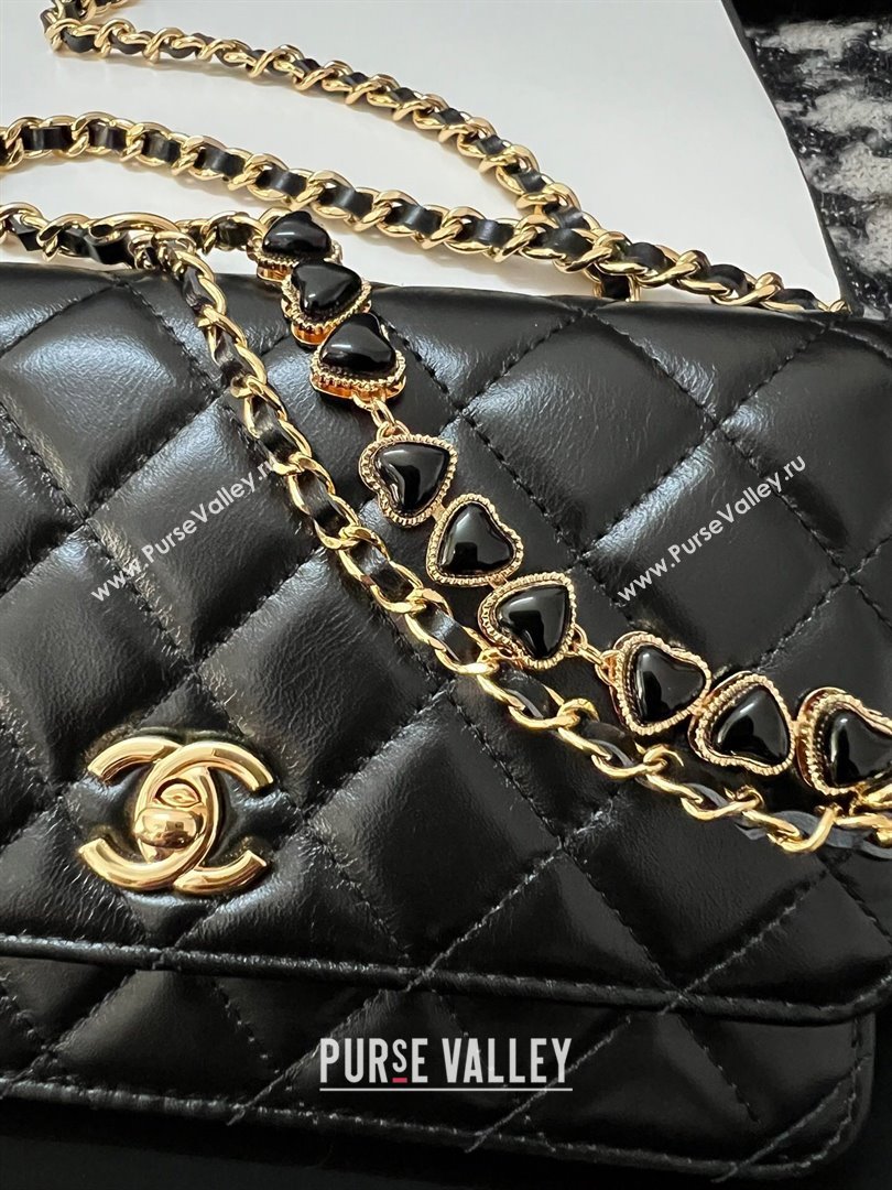 Chanel Shiny Crumpled Lambskin Wallet On Heart Chain WOC AP3785 Black 2024 (yezi-240411012)