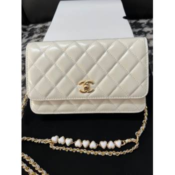 Chanel Shiny Crumpled Lambskin Wallet On Heart Chain WOC AP3785 White 2024 (yezi-240411013)