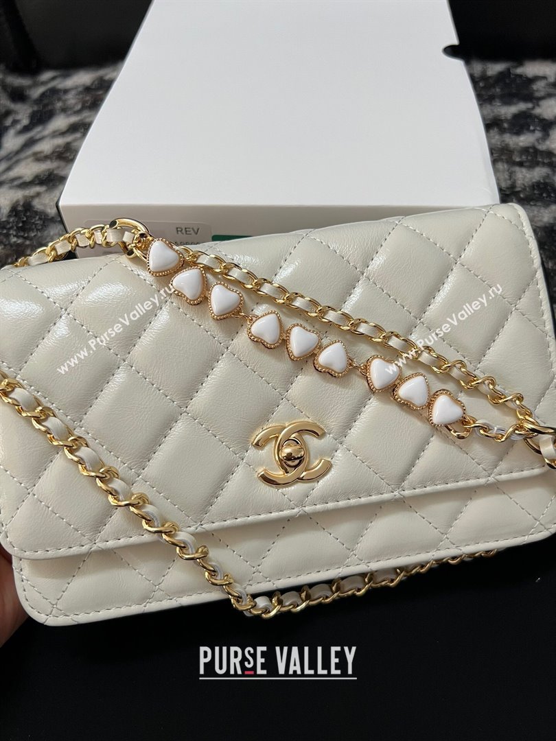 Chanel Shiny Crumpled Lambskin Wallet On Heart Chain WOC AP3785 White 2024 (yezi-240411013)