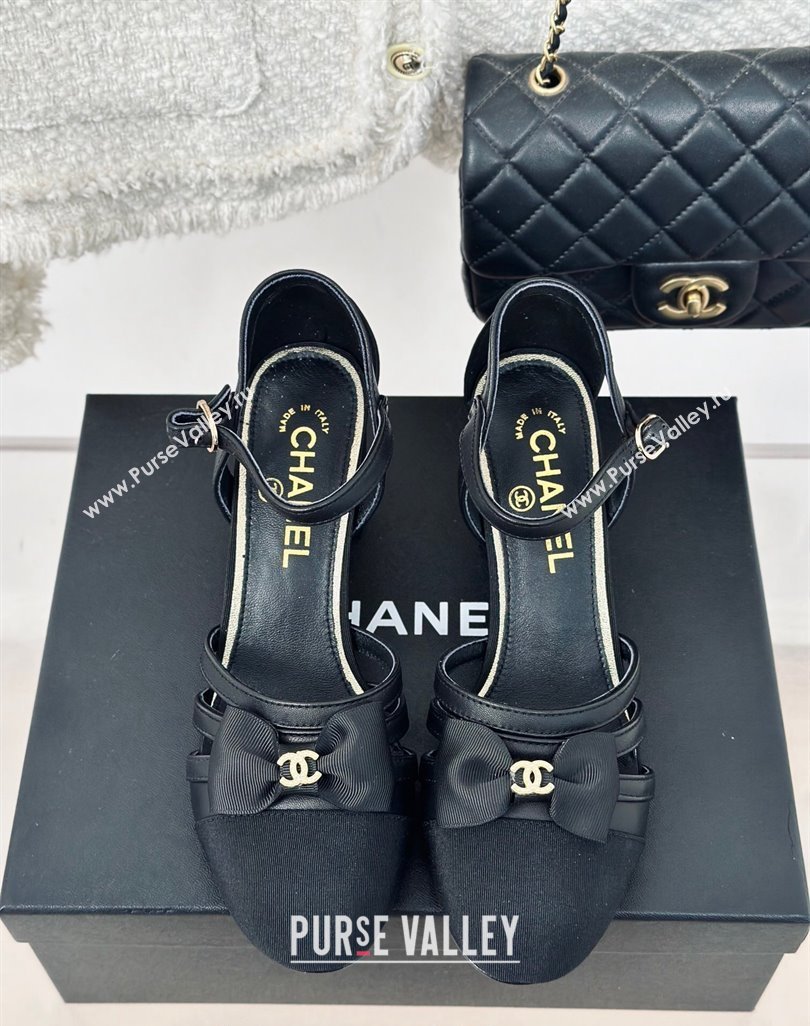 Chanel Calfskin Heel Sandals with Bow Black 2024 042401 (MD-240424039)
