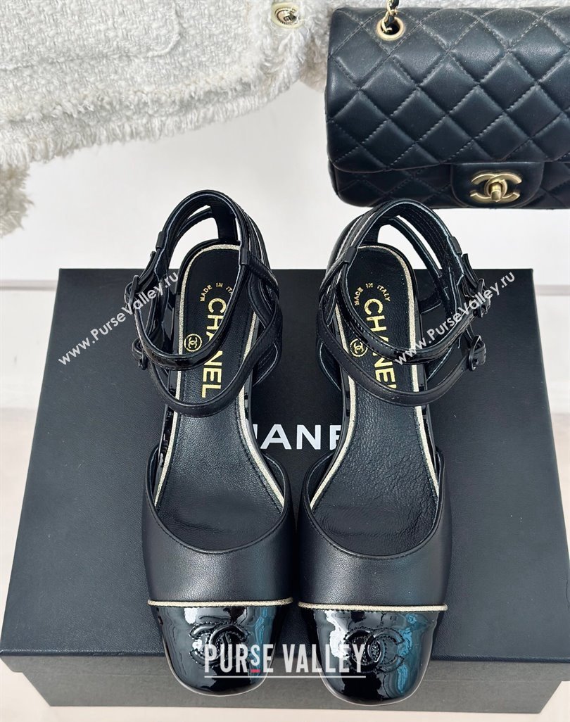 Chanel Calfskin Heel Sandals 4.5/8.5cm with Double Ankle Strap Black 2024 (MD-240424040)