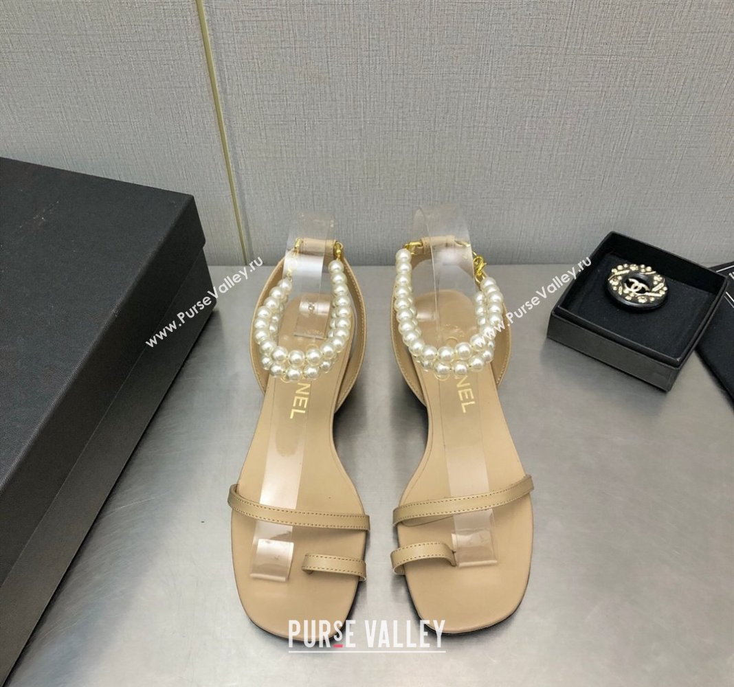 Chanel Lambskin Heel Sandals with Pearls Ankle Strap Beige 2024 0423 (MD-240423002)