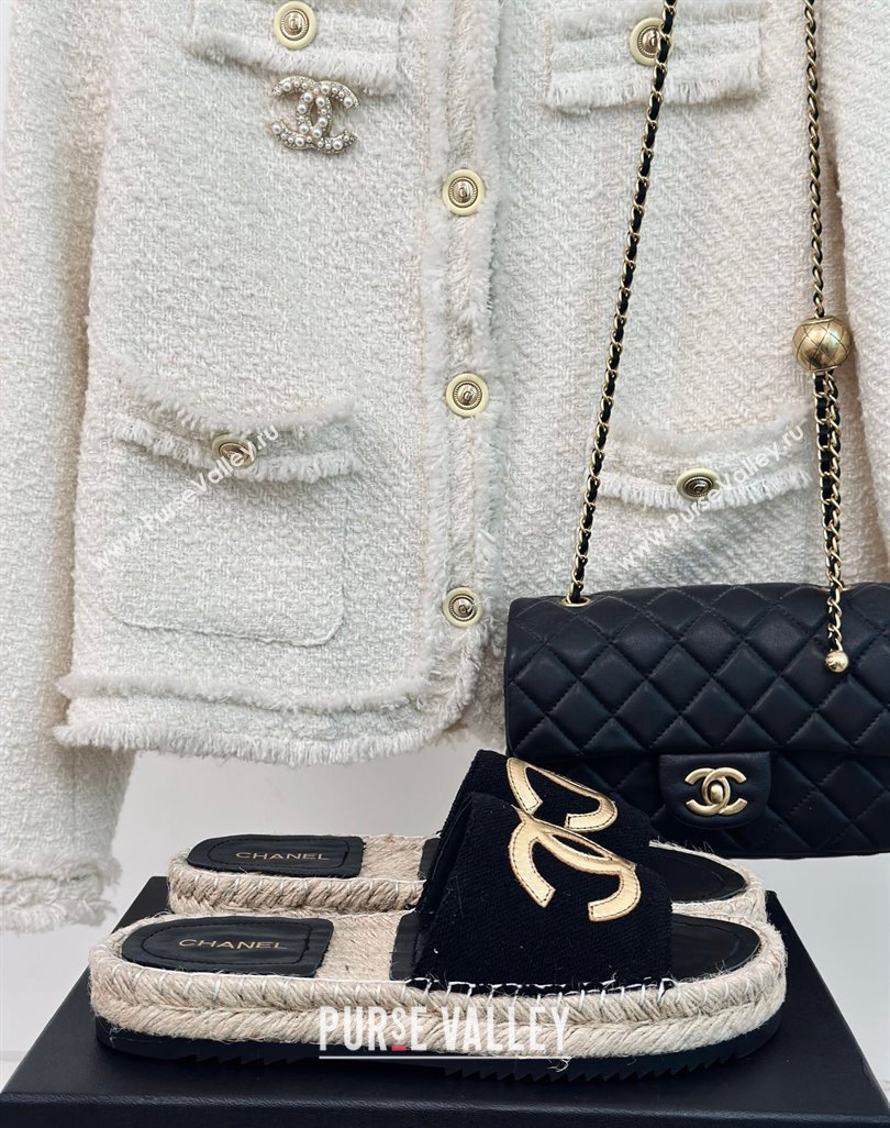 Chanel Tweed Espadrilles Flat Slide Sandals with Gold-Tone CC Black2 2024 (MD-240424042)