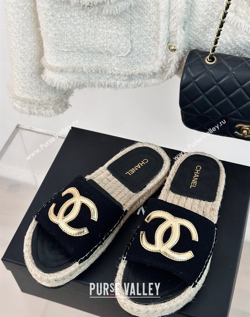 Chanel Tweed Espadrilles Flat Slide Sandals with Gold-Tone CC Black2 2024 (MD-240424042)