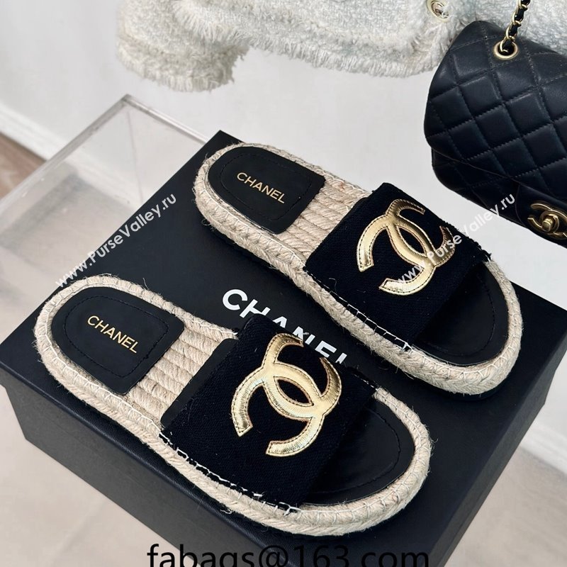 Chanel Tweed Espadrilles Flat Slide Sandals with Gold-Tone CC Black2 2024 (MD-240424042)