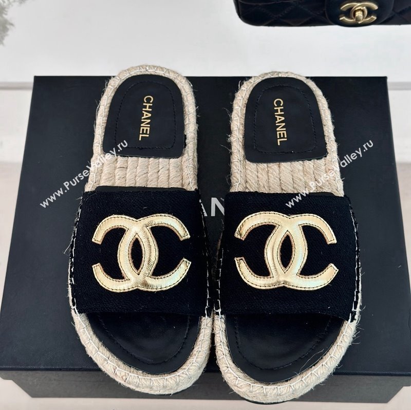 Chanel Tweed Espadrilles Flat Slide Sandals with Gold-Tone CC Black2 2024 (MD-240424042)