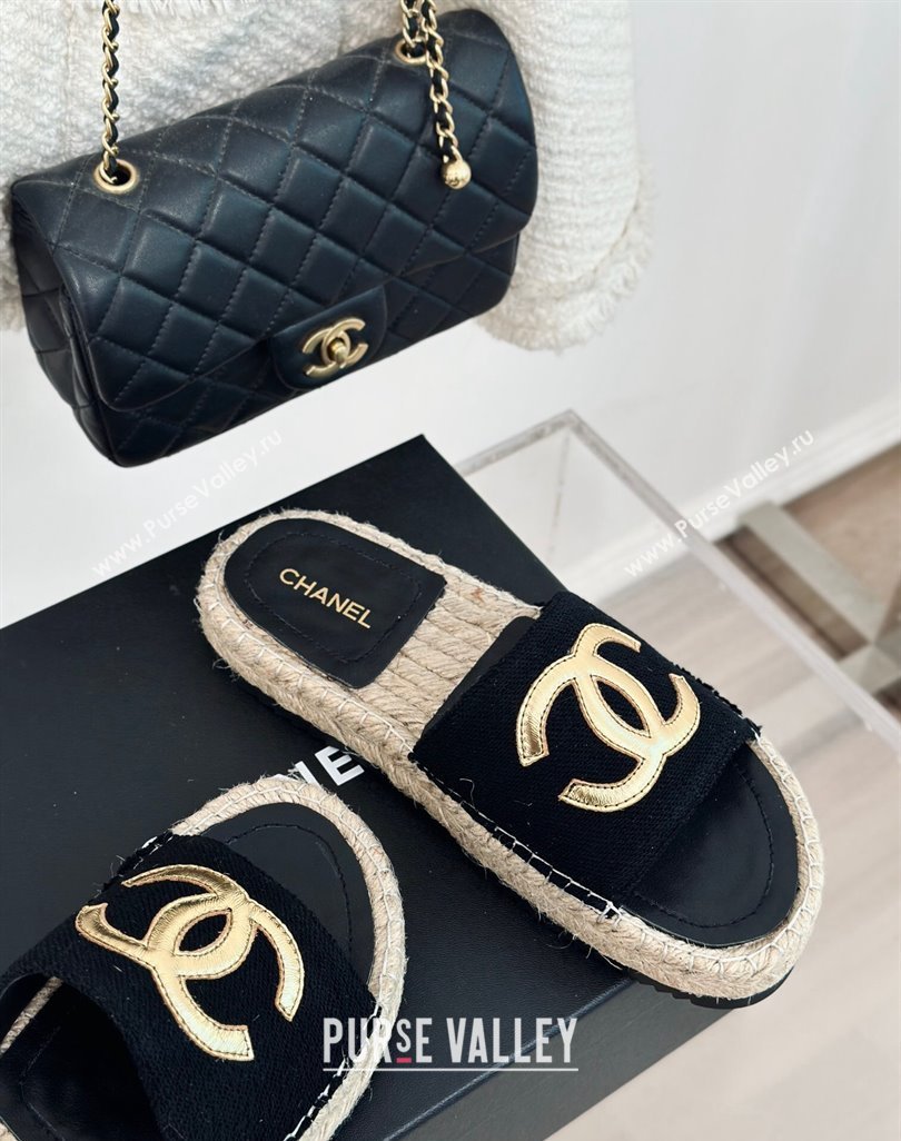 Chanel Tweed Espadrilles Flat Slide Sandals with Gold-Tone CC Black2 2024 (MD-240424042)