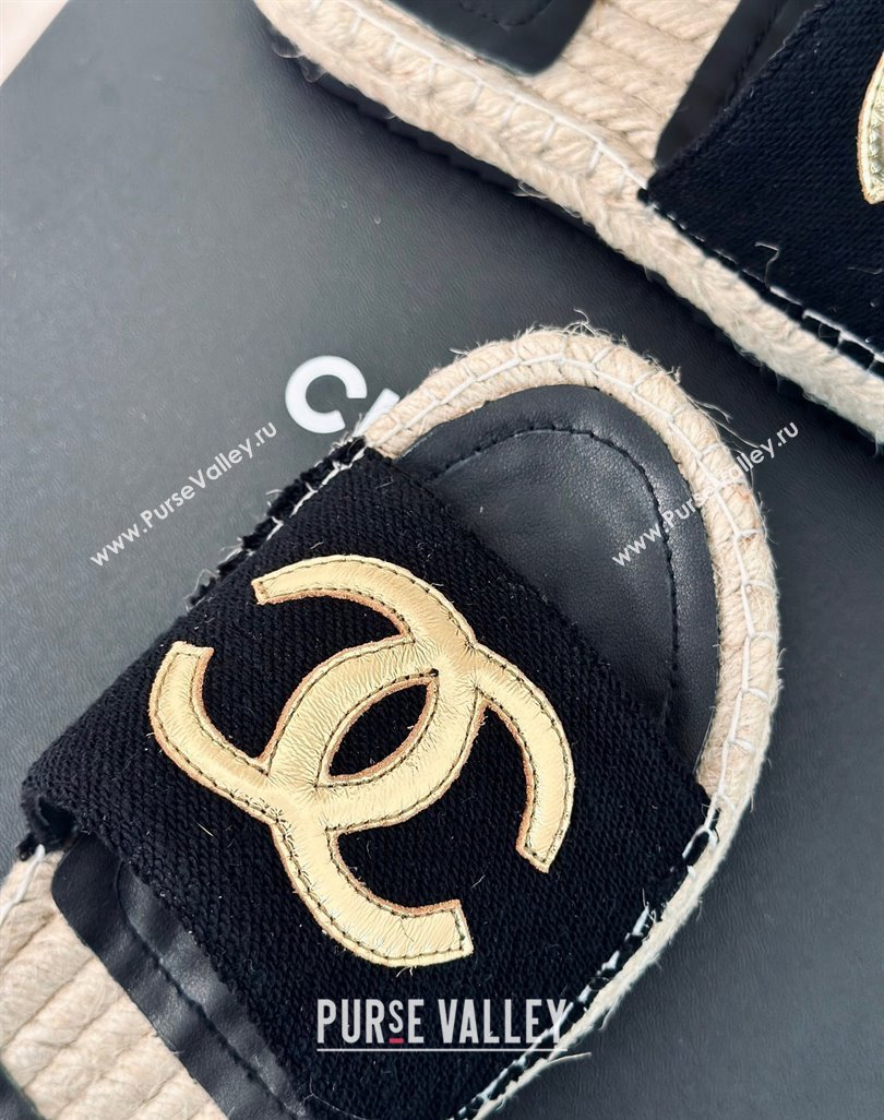 Chanel Tweed Espadrilles Flat Slide Sandals with Gold-Tone CC Black2 2024 (MD-240424042)