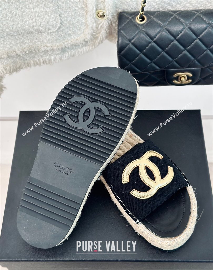 Chanel Tweed Espadrilles Flat Slide Sandals with Gold-Tone CC Black2 2024 (MD-240424042)