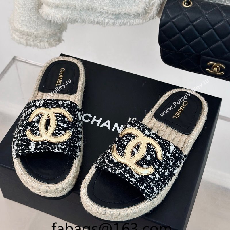 Chanel Tweed Espadrilles Flat Slide Sandals with Gold-Tone CC Black/White 2024 (MD-240424044)