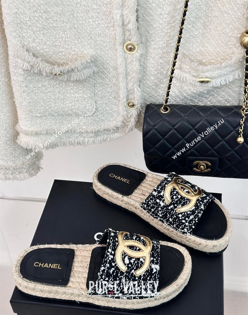 Chanel Tweed Espadrilles Flat Slide Sandals with Gold-Tone CC Black/White 2024 (MD-240424044)
