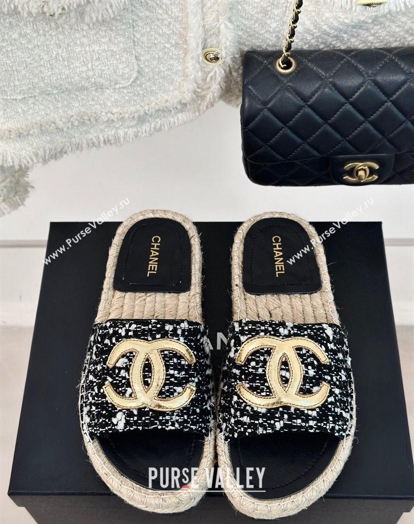 Chanel Tweed Espadrilles Flat Slide Sandals with Gold-Tone CC Black/White 2024 (MD-240424044)