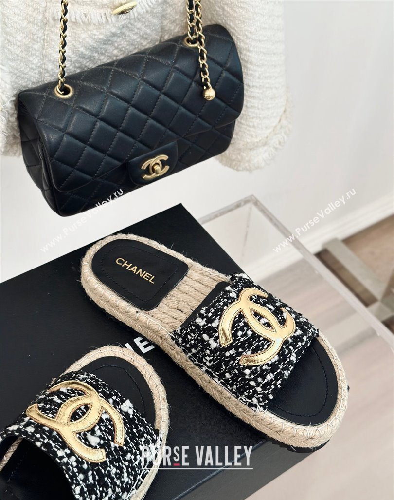 Chanel Tweed Espadrilles Flat Slide Sandals with Gold-Tone CC Black/White 2024 (MD-240424044)