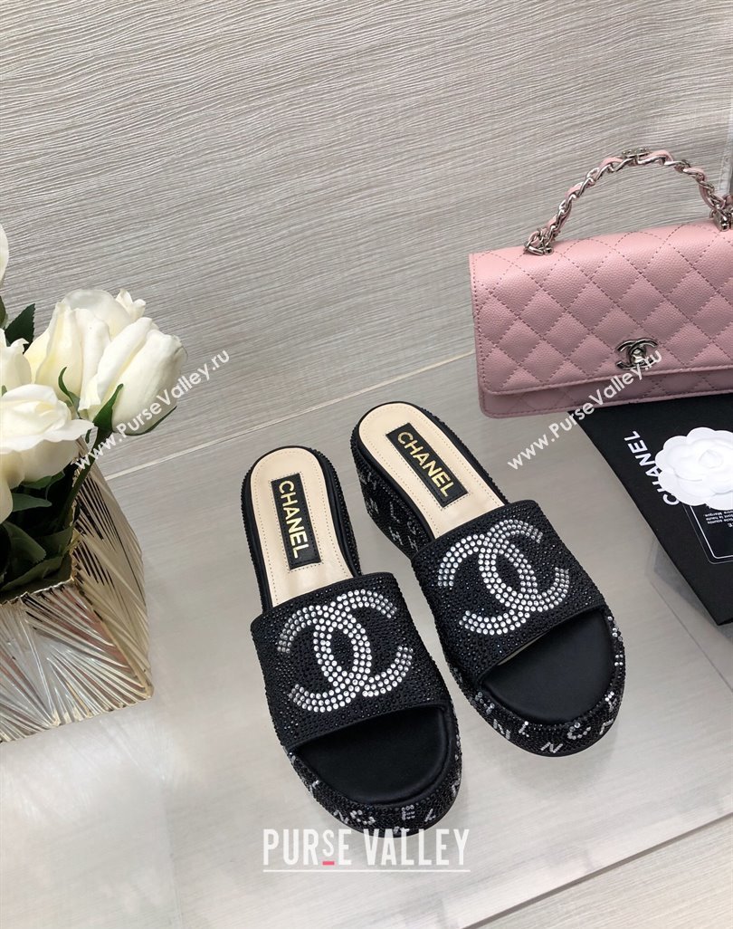 Chanel Crystals Allover Wedge Slide Sandals with Letters Black 2024 042301 (MD-240423011)