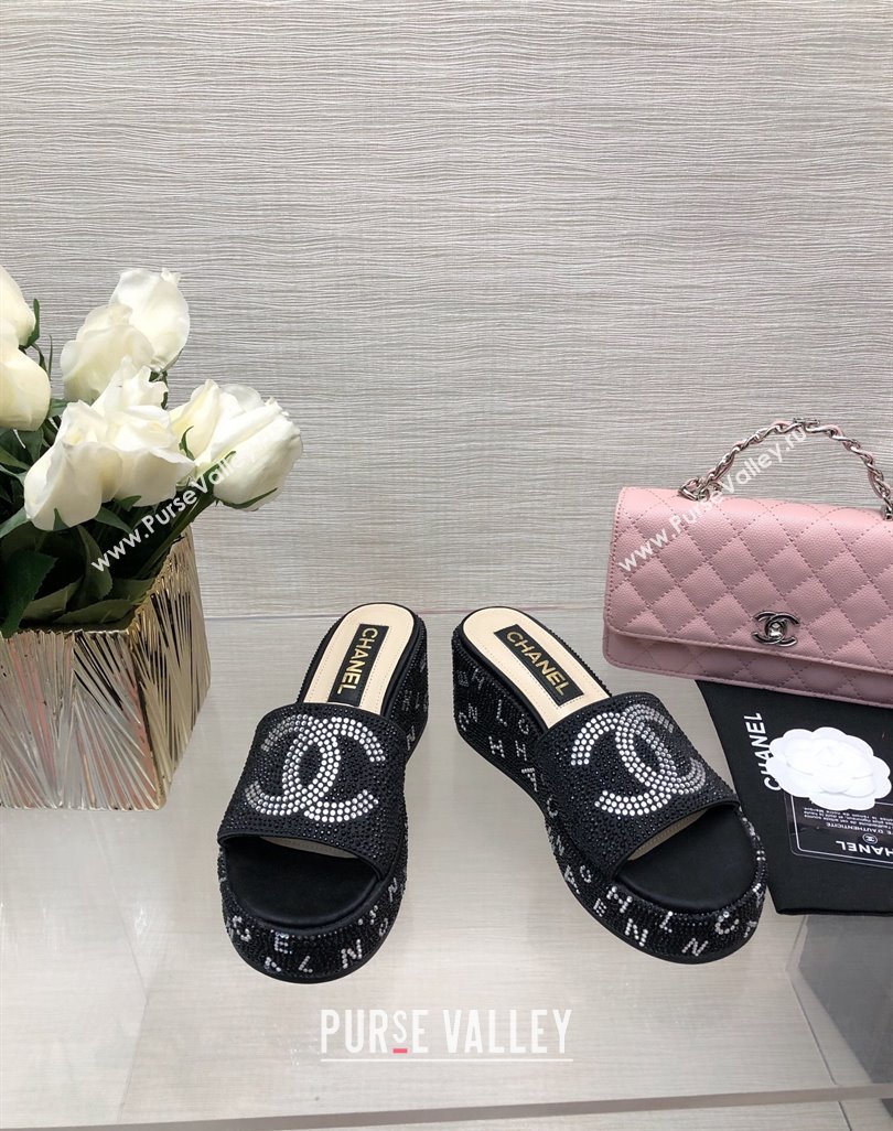 Chanel Crystals Allover Wedge Slide Sandals with Letters Black 2024 042301 (MD-240423011)