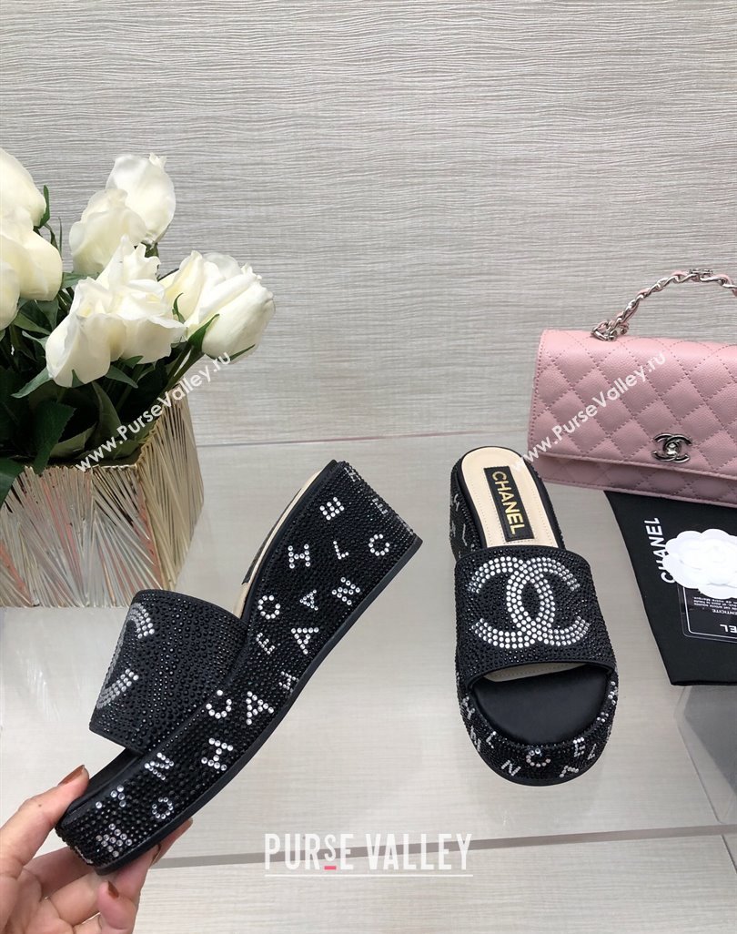 Chanel Crystals Allover Wedge Slide Sandals with Letters Black 2024 042301 (MD-240423011)