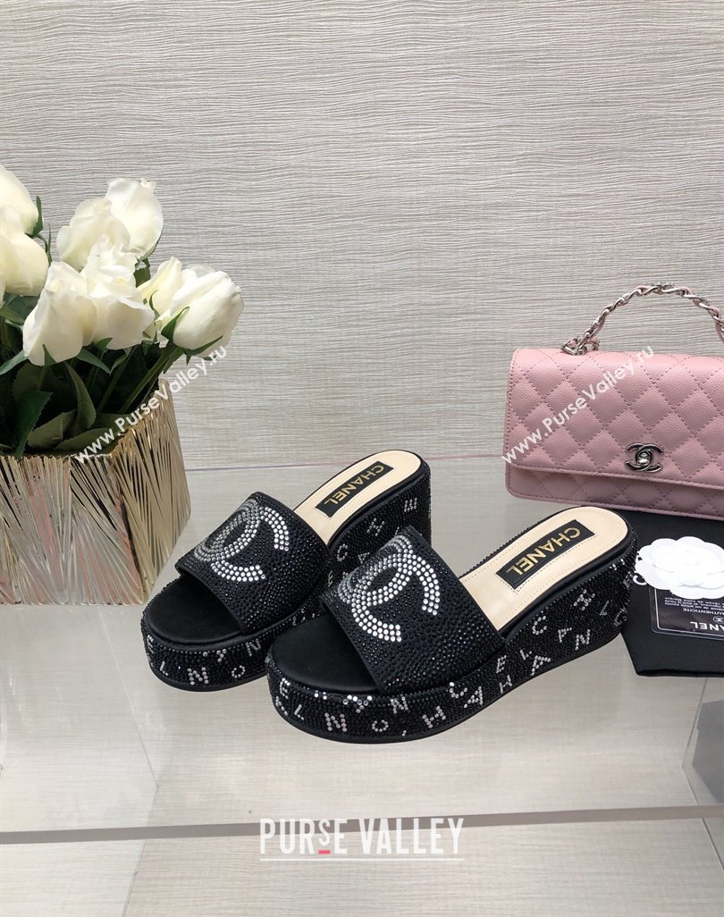 Chanel Crystals Allover Wedge Slide Sandals with Letters Black 2024 042301 (MD-240423011)