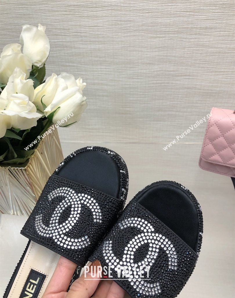 Chanel Crystals Allover Wedge Slide Sandals with Letters Black 2024 042301 (MD-240423011)