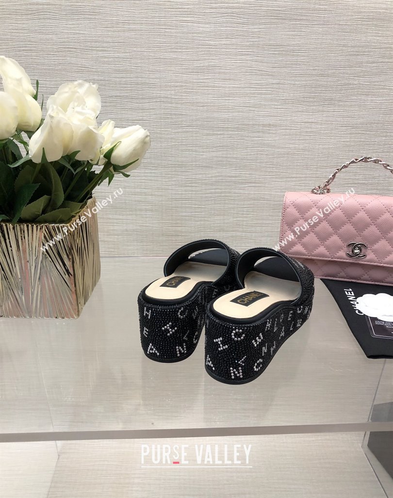 Chanel Crystals Allover Wedge Slide Sandals with Letters Black 2024 042301 (MD-240423011)