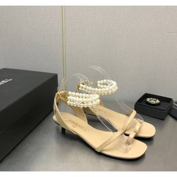 Chanel Lambskin Heel Sandals with Pearls Ankle Strap Beige 2024 0423 (MD-240423002)