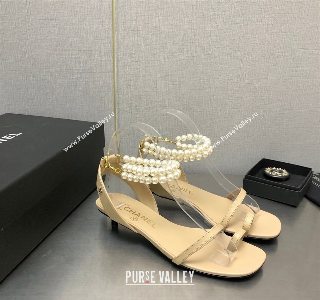 Chanel Lambskin Heel Sandals with Pearls Ankle Strap Beige 2024 0423 (MD-240423002)