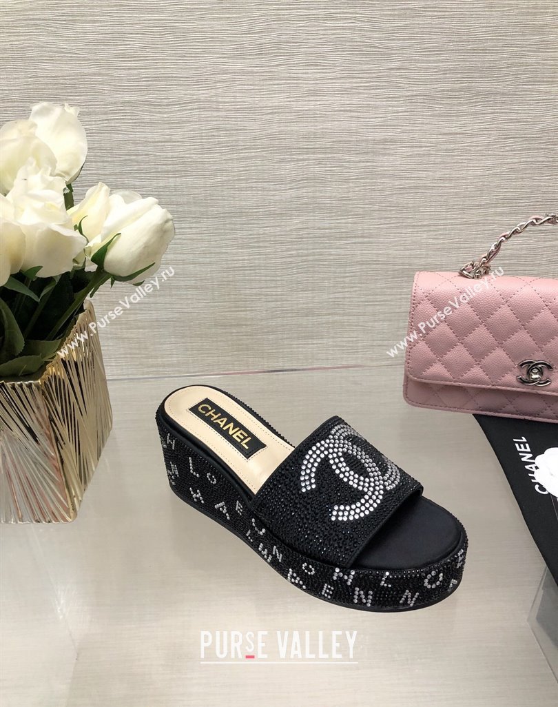 Chanel Crystals Allover Wedge Slide Sandals with Letters Black 2024 042301 (MD-240423011)